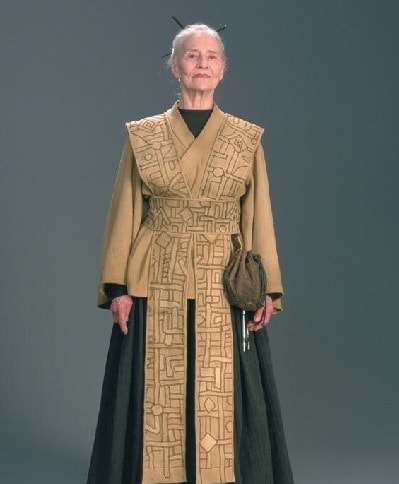 A picture of Alethca McGrath standing wearing a traditional dress in the movie Stars War: Episode II - Attack of the Clones.